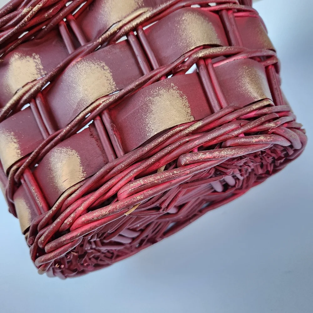 Pair of Burgundy and Gold Woven Baskets